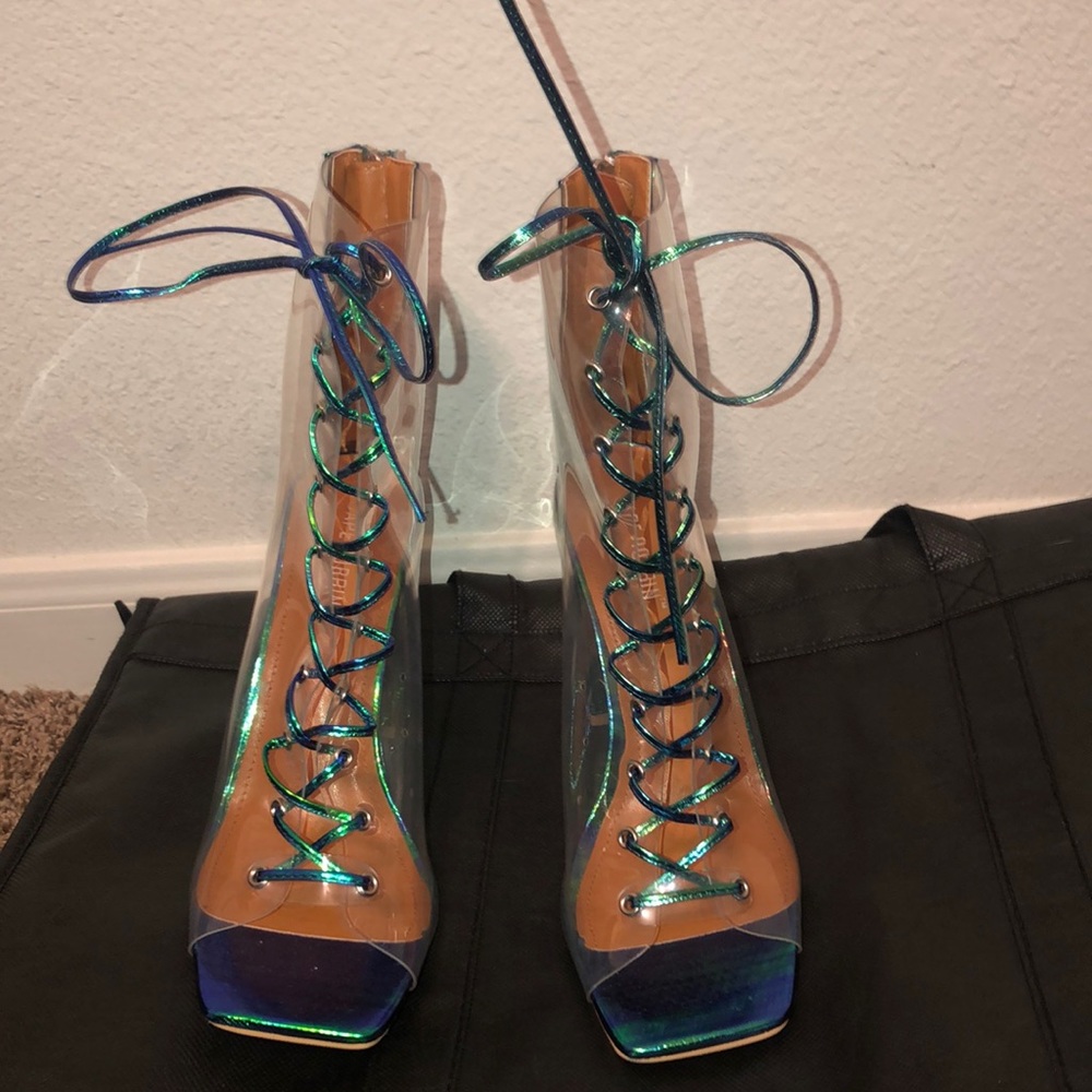 Lace up iridescent and acrylic high heels